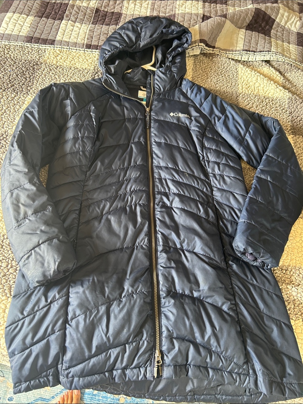 Columbia Navy Hooded Quilted Long Puffer Coat